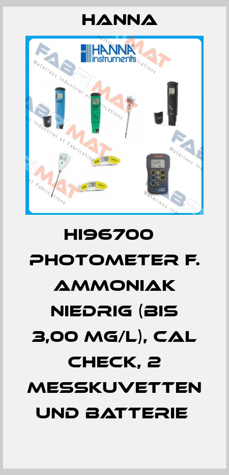 HI96700   PHOTOMETER F. AMMONIAK NIEDRIG (BIS 3,00 MG/L), CAL CHECK, 2 MESSKUVETTEN UND BATTERIE  Hanna