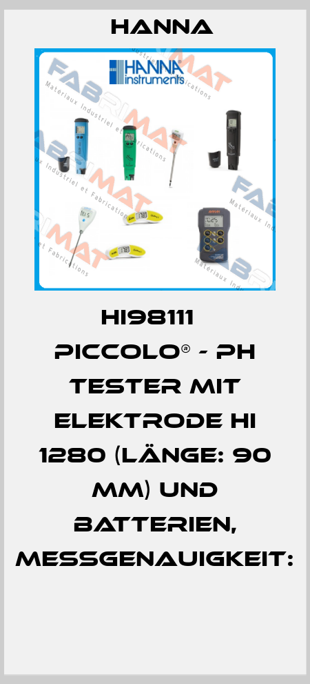HI98111   PICCOLO® - PH TESTER MIT ELEKTRODE HI 1280 (LÄNGE: 90 MM) UND BATTERIEN, MESSGENAUIGKEIT:  Hanna