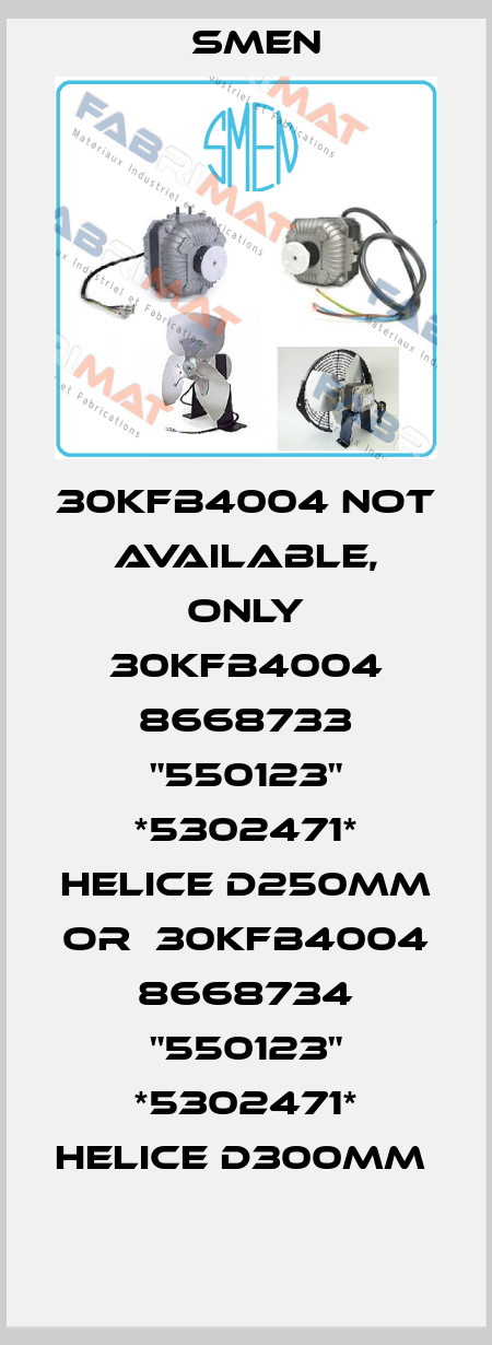 30KFB4004 not available, only 30KFB4004 8668733 "550123" *5302471* HELICE D250MM or  30KFB4004 8668734 "550123" *5302471* HELICE D300MM  Smen