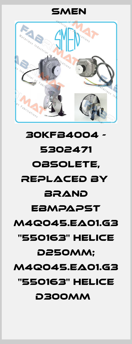 30KFB4004 - 5302471 obsolete, replaced by  brand EBMpapst M4Q045.EA01.G3 "550163" HELICE D250MM; M4Q045.EA01.G3 "550163" HELICE D300MM   Smen
