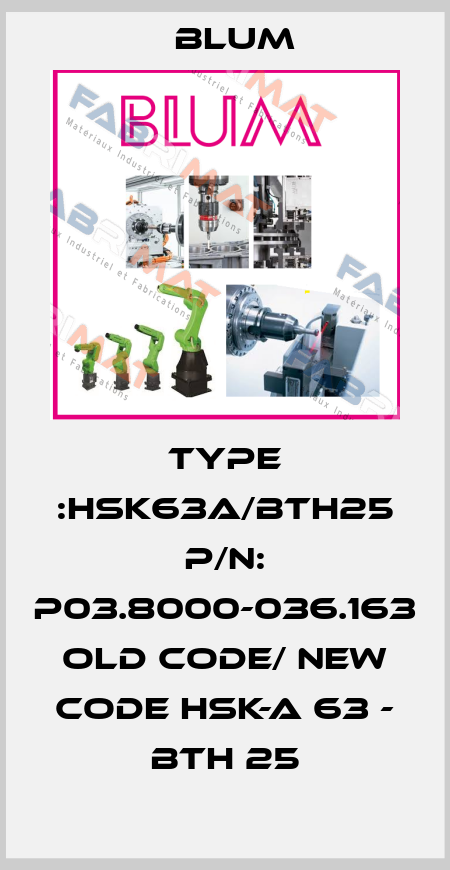 TYPE :HSK63A/BTH25 P/N: P03.8000-036.163 old code/ new code HSK-A 63 - BTH 25 Blum