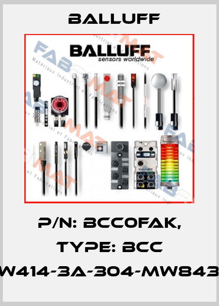 P/N: BCC0FAK, Type: BCC W415-W414-3A-304-MW8434-050 Balluff