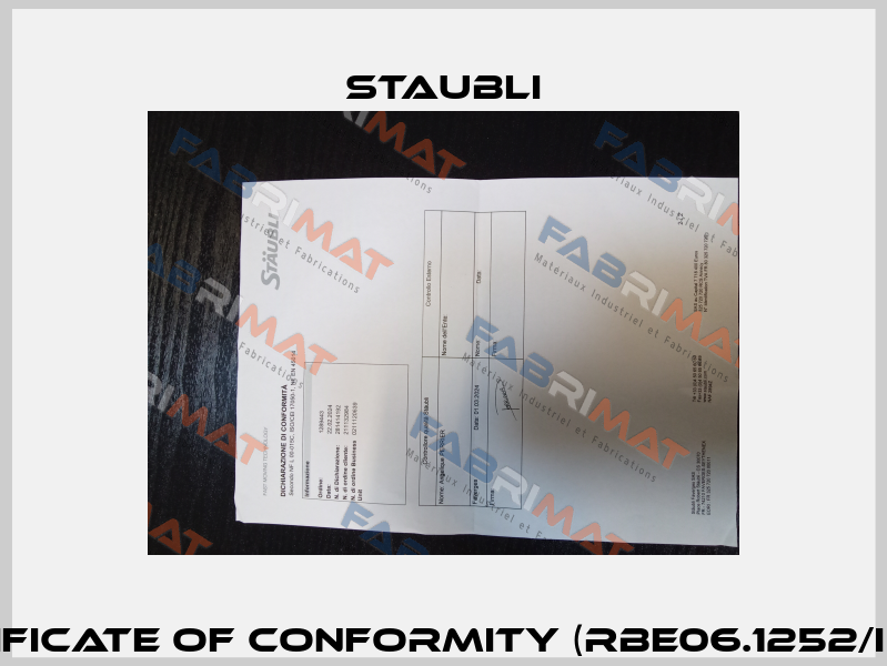 Certificate of conformity (RBE06.1252/IC/HPI) Staubli