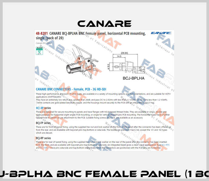 CANARE BCJ-BPLHA BNC Female panel (1 box= 20 pcs)  Canare
