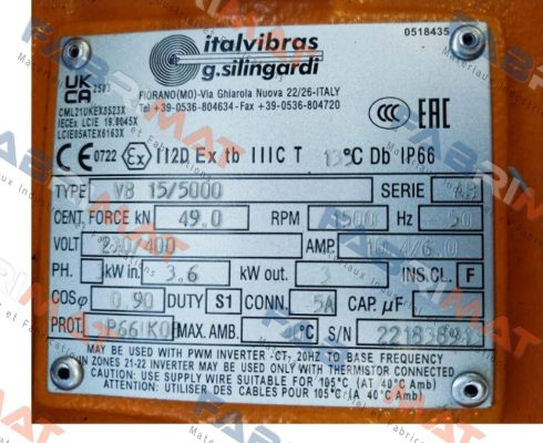 VB 15/5000, 230/400 V, 50 Hz, 1500 1/min Italvibras