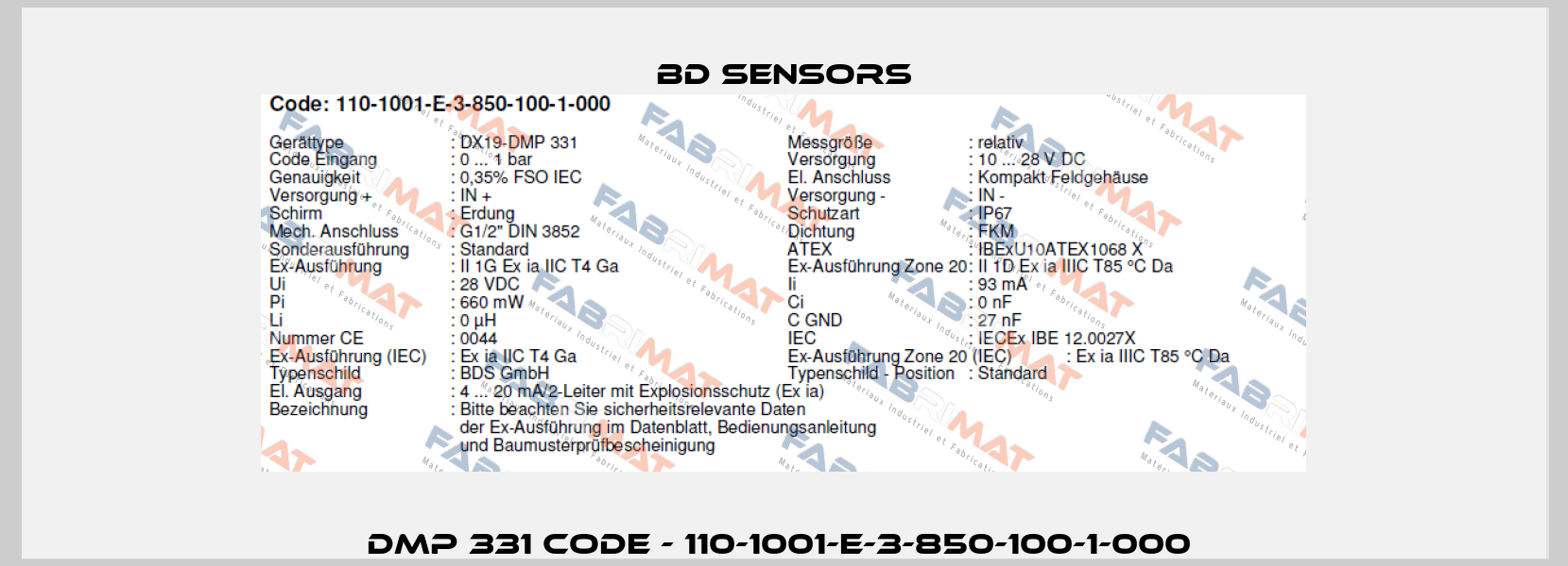 DMP 331 Code - 110-1001-E-3-850-100-1-000  Bd Sensors
