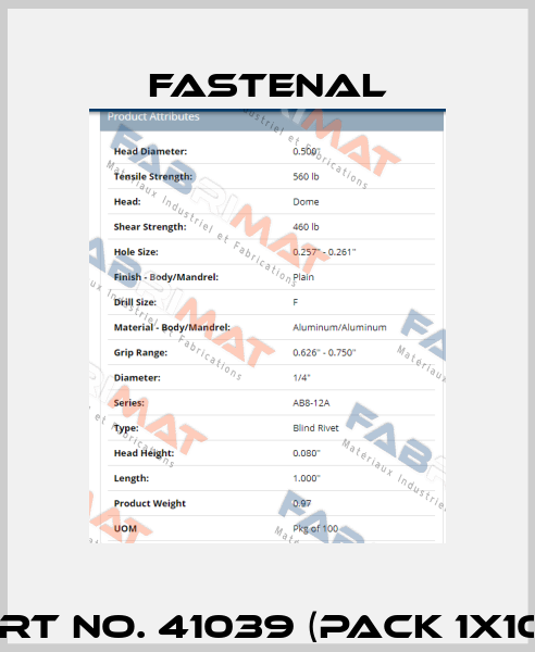 Part No. 41039 (pack 1x100)  Fastenal