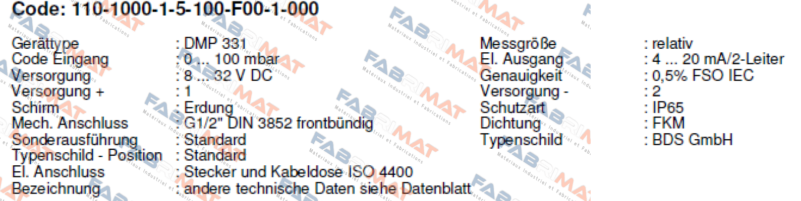 DMP331 Code:110-1000-1-5-100-F00-1-000 Bd Sensors