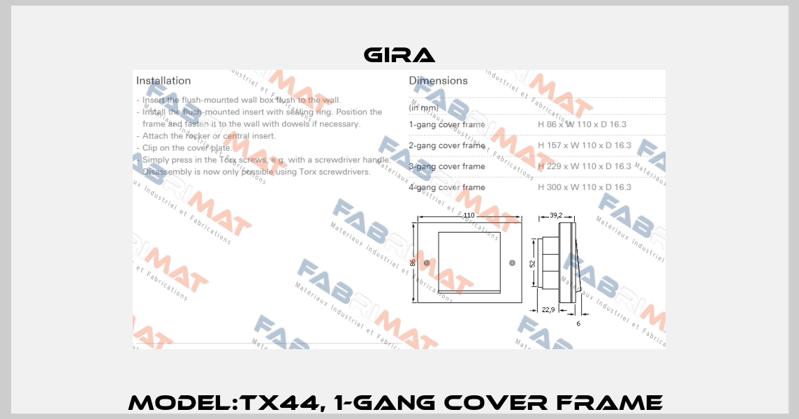 Model:TX44, 1-gang cover frame  Gira