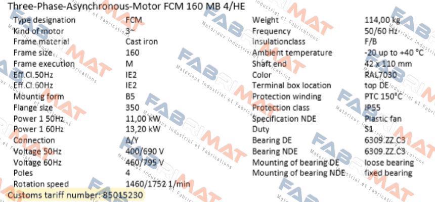 FCM 160 MB 4/HE  (IE2AC16MB400) ALTERNATIVES : PDM-4-B5-11-160M-G-Z1 or EDM-4-B5-11-160M-G-Z1 AC Motoren