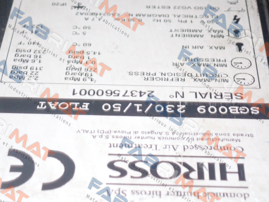 Type : SGB009 230/1/50 FLOAT  S/N: 2437560001 obsolete / SPE009-A2301DF16TIS alternative Hiross