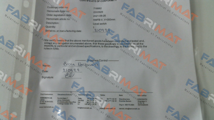 CERTIFICATE OF CONFORMITY  Hemomatik