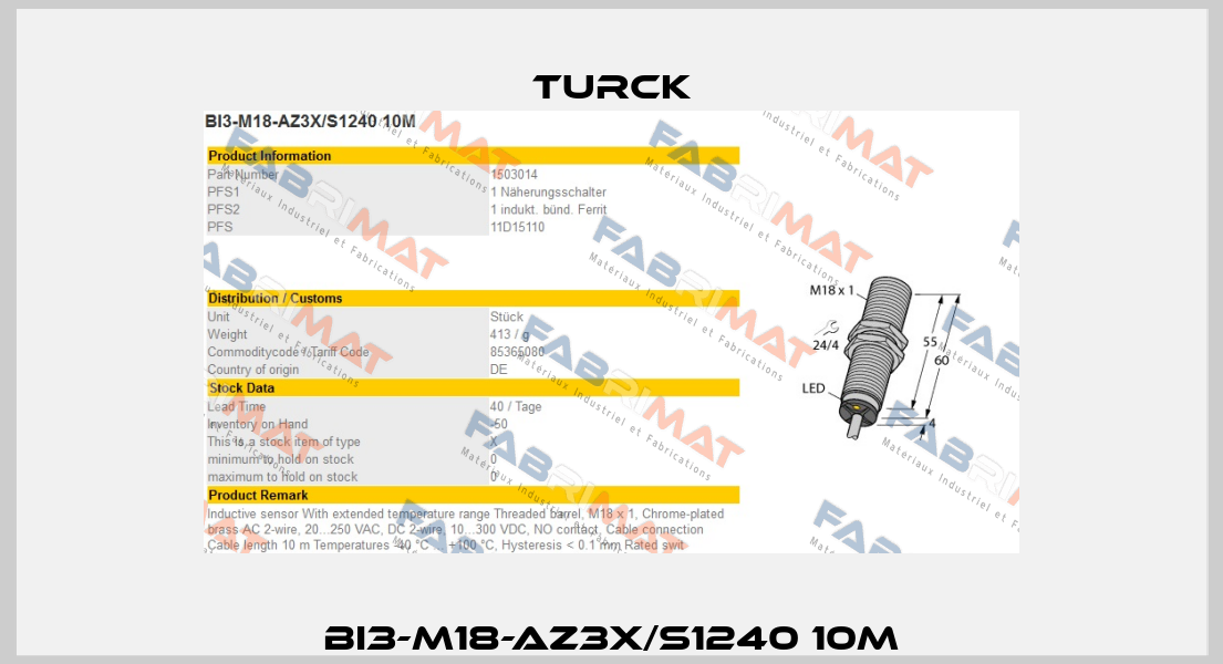 BI3-M18-AZ3X/S1240 10M Turck